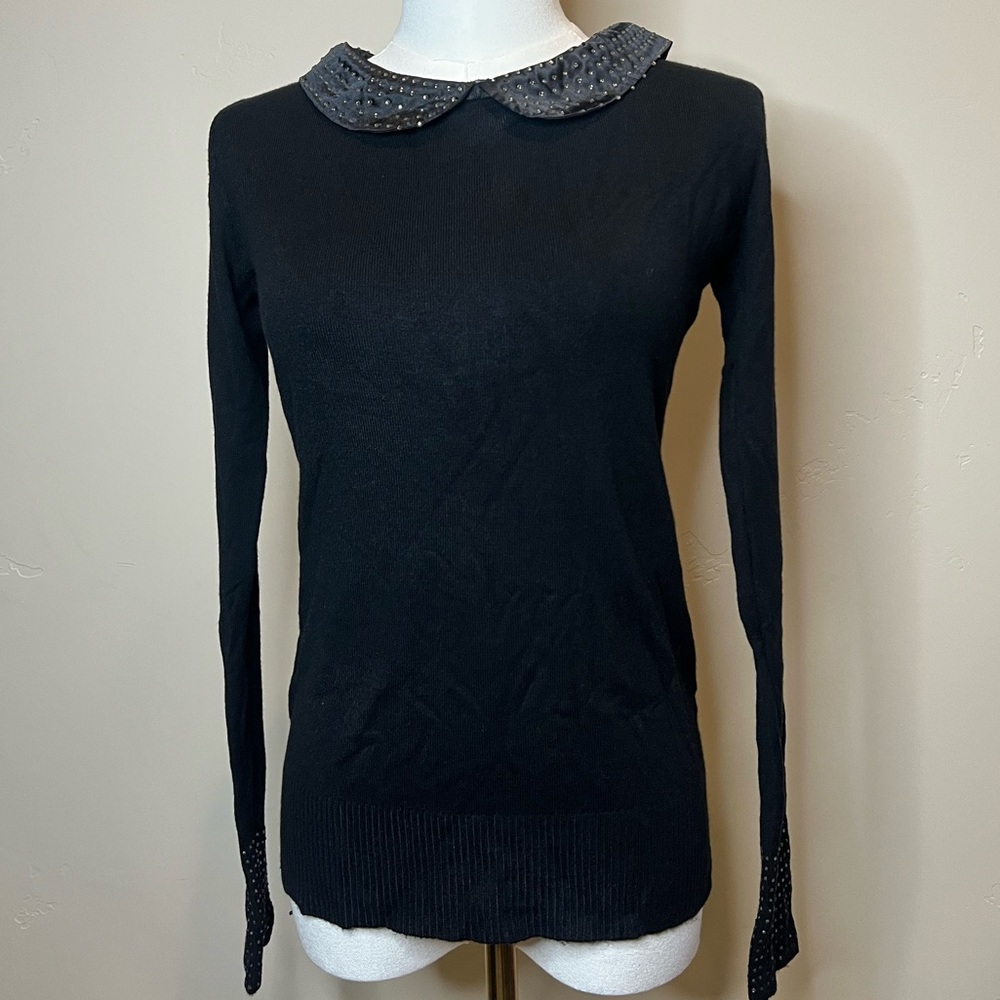 Chic Black Lightweight Sweater with Studded Collar